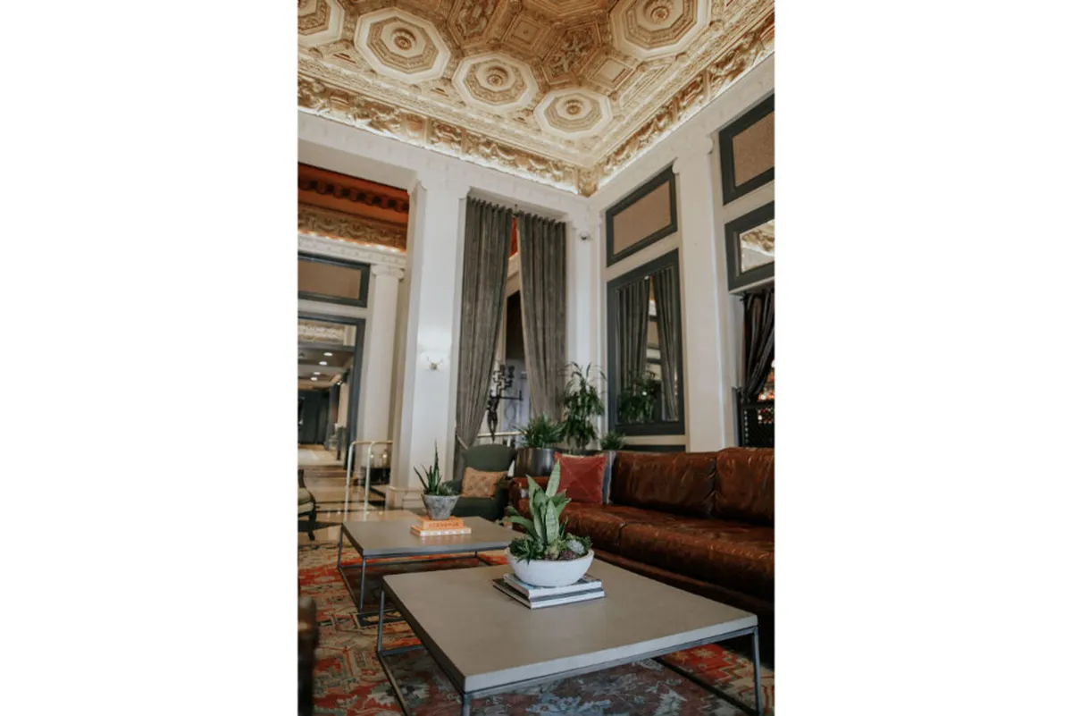 This image shows a welcoming lounge area featuring a plush brown sofa, decorative plants, coffee tables, and an ornate ceiling. The mood is inviting and comfortable, suggesting a space where both guests and their pets could relax after a day out. The greenery and soft furnishings enhance the sense of homeliness.